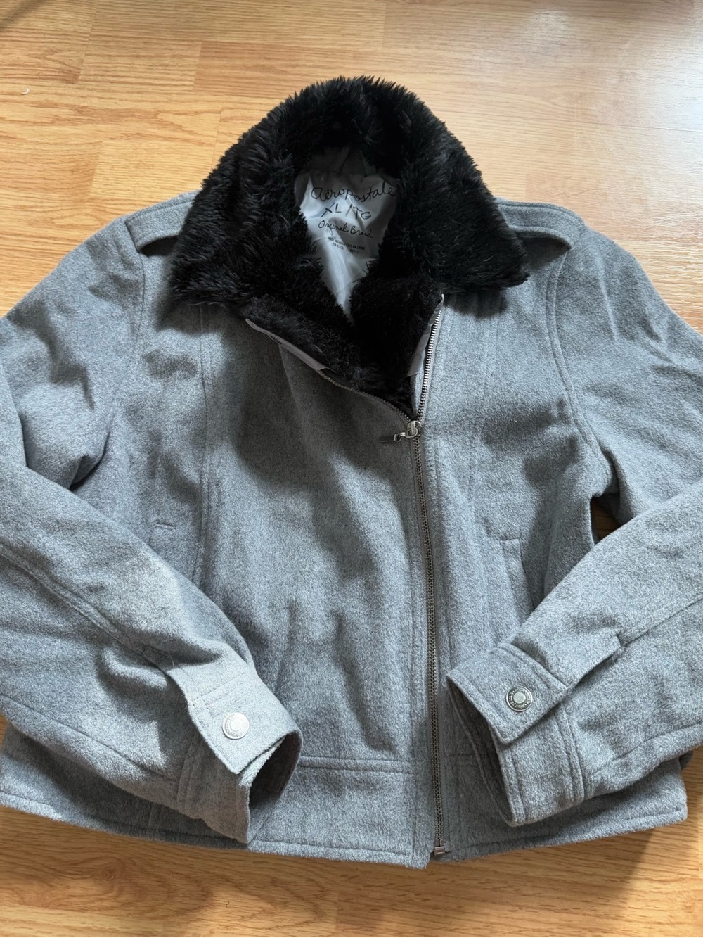 Y2K Aeropostale Gray Wool Blend Asymmetrical Moto Jacket XL Removable Fur Collar